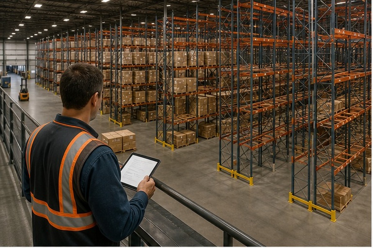 Warehouse manager reviewing occupied and open pallet positions in a high-bay racking system