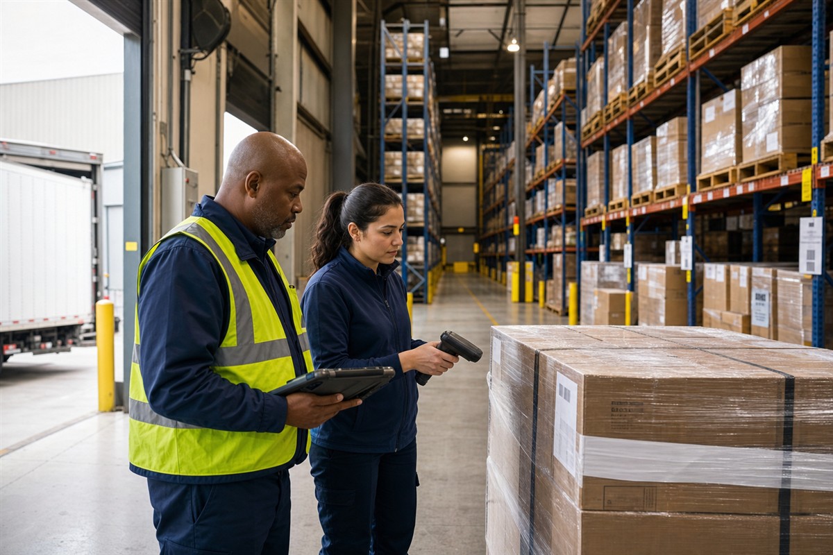 Warehouse inventory control lead and receiving associate verifying an inbound pallet with a scanner and tablet before storage