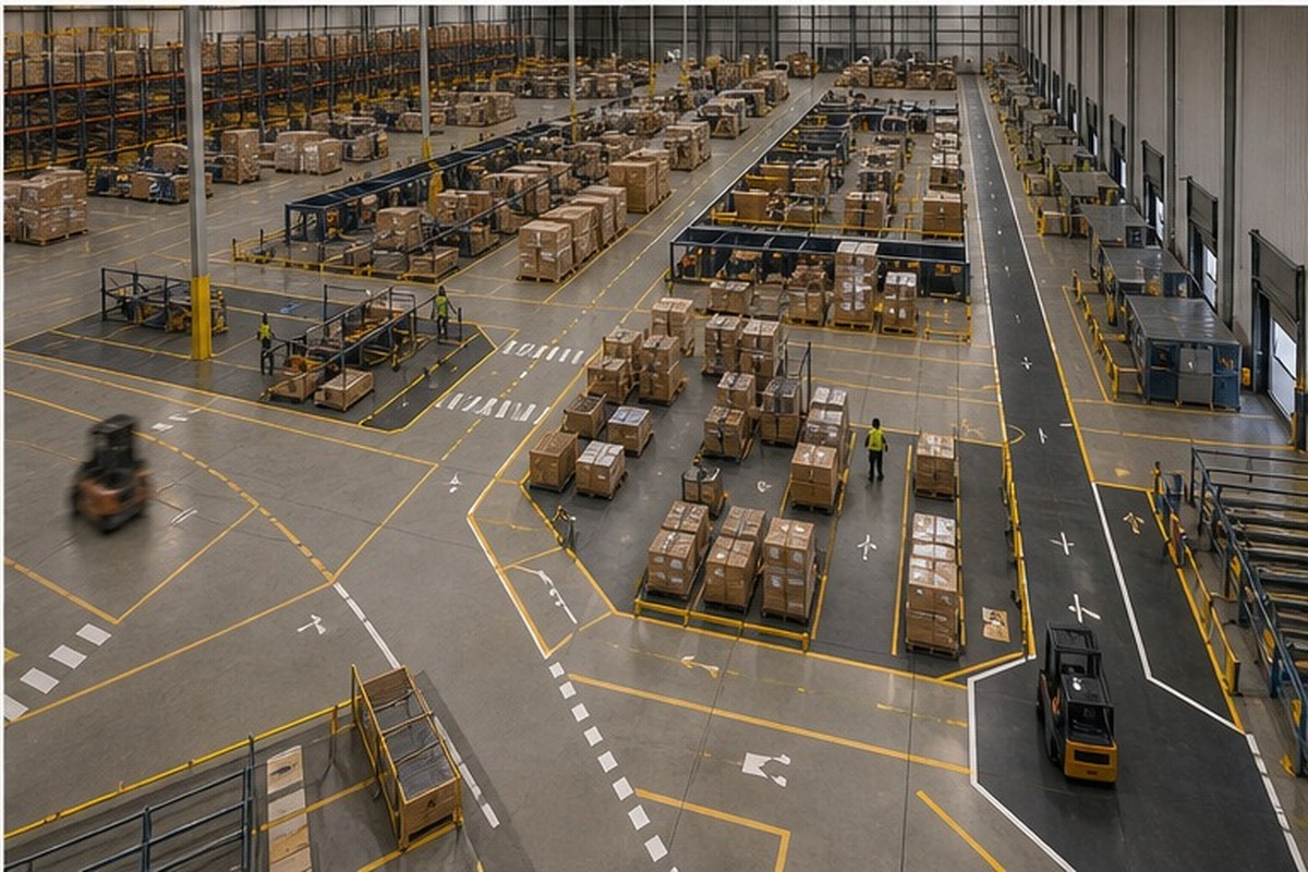 Wide warehouse view showing distinct storage, staging, work, dock, and traffic zones
