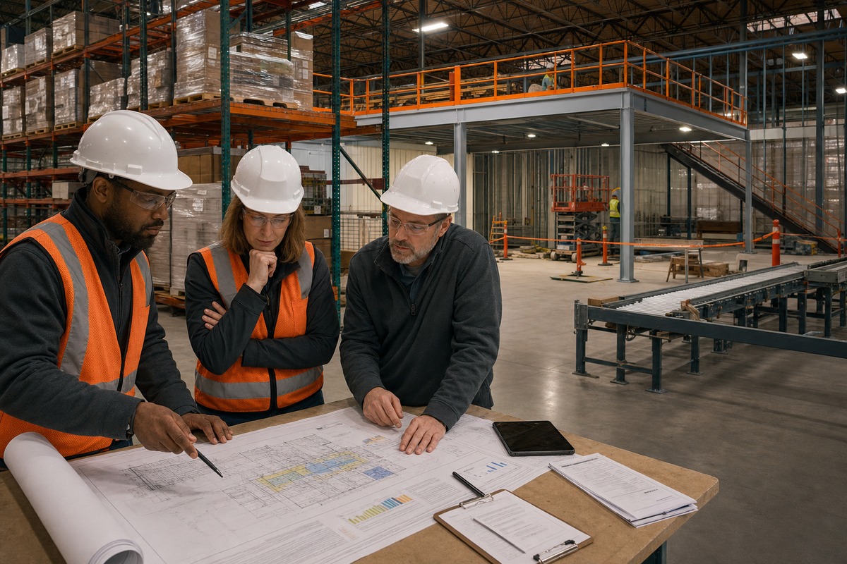 Warehouse operations, facilities, and project leaders reviewing an upgrade budget beside pallet racking, a conveyor, and a mezzanine installation